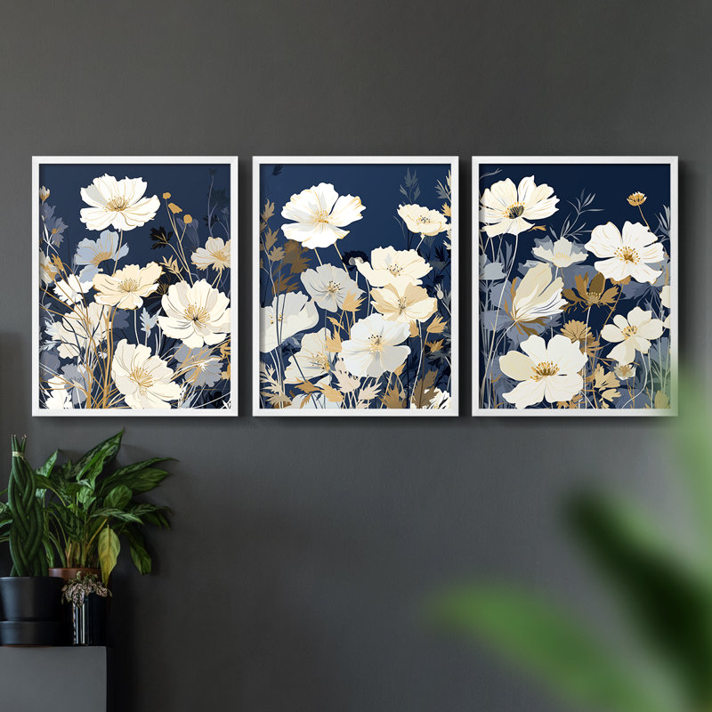 Série d'étude florale Cxxviii - ensemble de 3 estampes giclées encadrées - prêt à, Cadre blanc, H 28 po x l 22 po