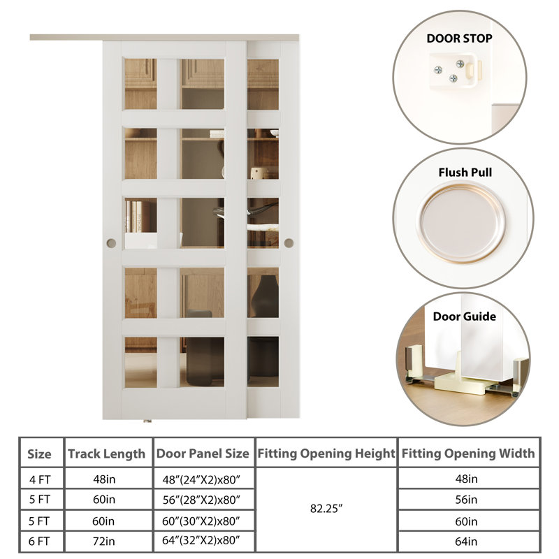 2 portes intérieures en panneau de fibres à densité moyenne avec quincaillerie en aluminium et porte coulissante en verre transparent blanc 5-Lite