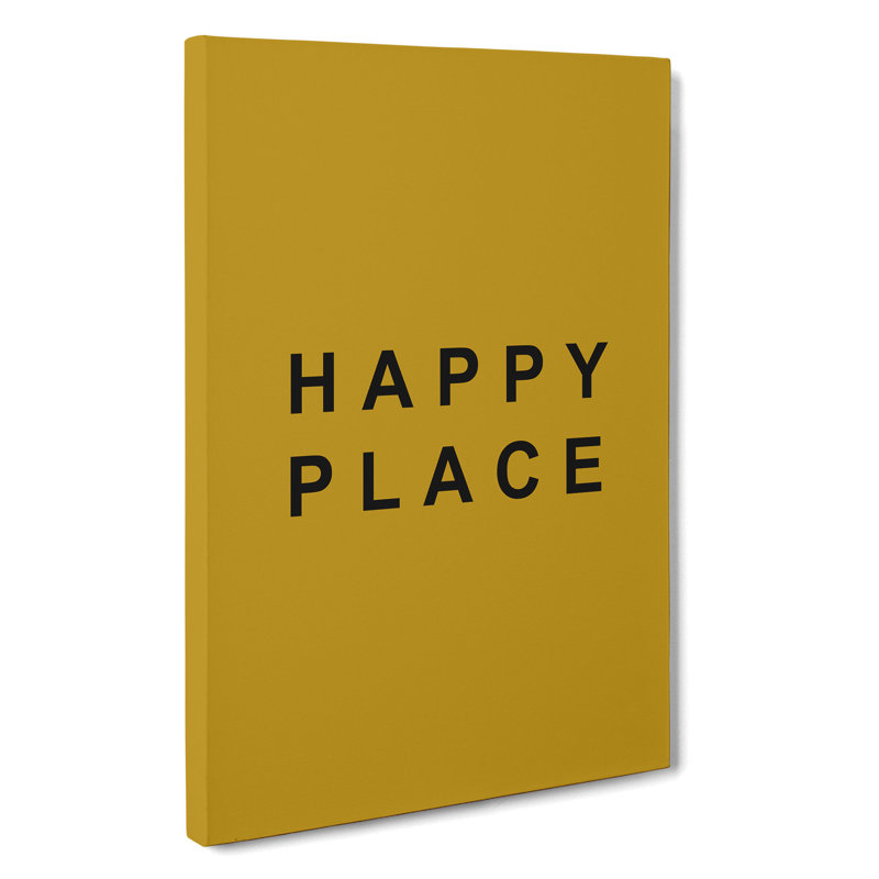 Happy Place Mustard - Wrapped Canvas Typography, 50cm H x 35cm W x 3cm D