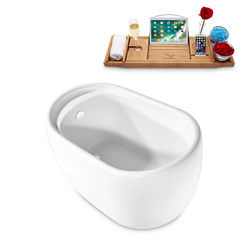 51" Streamline Freestanding Soaking Acrylic Bathtub With Drain and Bamboo Tray, Glossy White