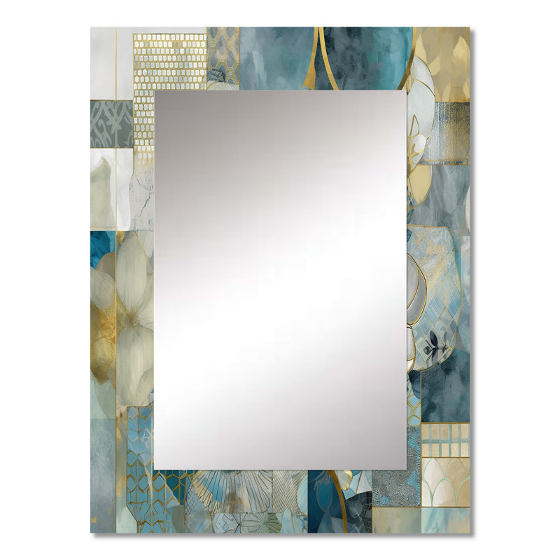 Golden Blue Marble Floral Design II - Floral Large Wall Mirror, Traditional Decorative Mirror, Printed Metal Art, 32" x 24"