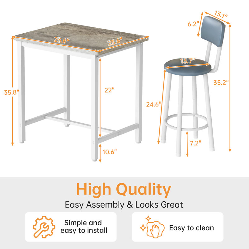 Ensemble de salle à manger industriel haut, table de pub compacte 3 pièces avec 2 tabourets confortables, options de marbre et de bois rustique pour studio et café, noir