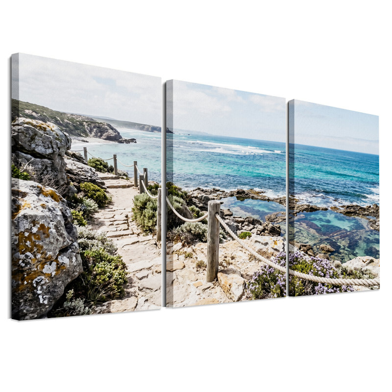Chemin côtier avec rampe en bois et turquoise - Ensemble de 3 toiles murales, 24"H x 16"W x 3pcs