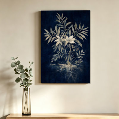 Impression sur toile, fond bleu marine, feuille de racine de fleur botanique dorée pour salon, art mural sur toile