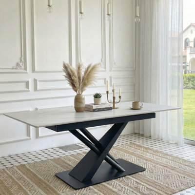 Extendable Rectangular Kitchen Table With White Marble , Black Metal X - Frame, And Automatic Pop Up For Additional Seating Modern Minimalist Dining S