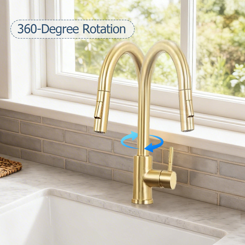 Brushed Nickel Kitchen Sink Faucet With Pull Down Sprayer, Gold