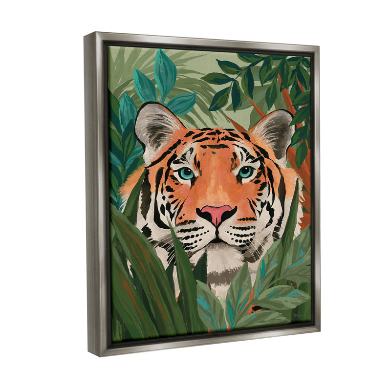 «Tiger Peeking In Leaves» sur, H 31 po x l 25 po, Cadre flottant gris lustré