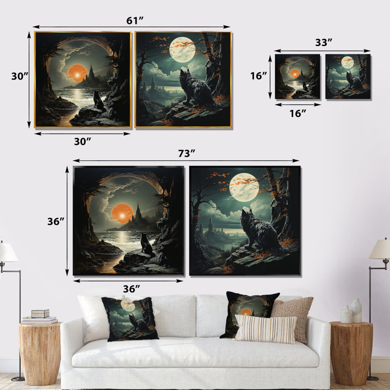 Loup hurlant à la lune I - animaux loup, ensemble de 2 reproductions d'art sur toile, Cadre flottant brun