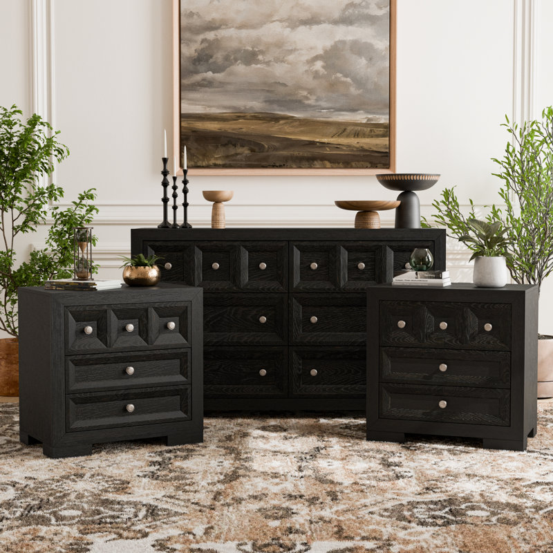 Ensemble de tables de chevet et commode 3 pièces 3 tiroirs Schell, Noir, 3 Pieces: 2 Nightstand, Dresser