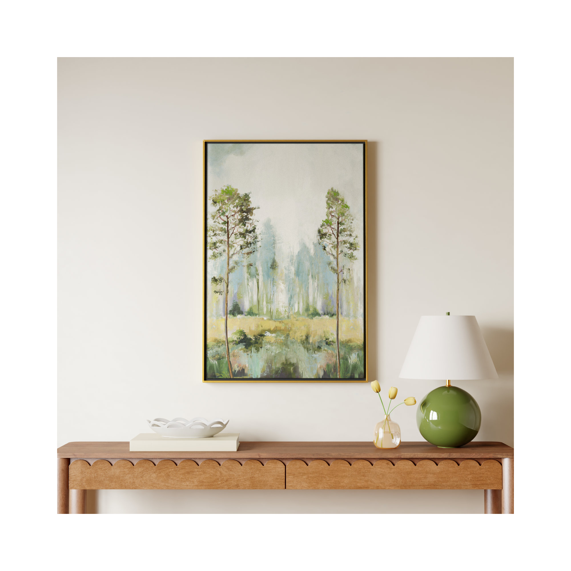 Tall Green Trees II by Teton Pearce - Floater Frame Print on Canvas, Gold, 37.5" H x 25.5" W