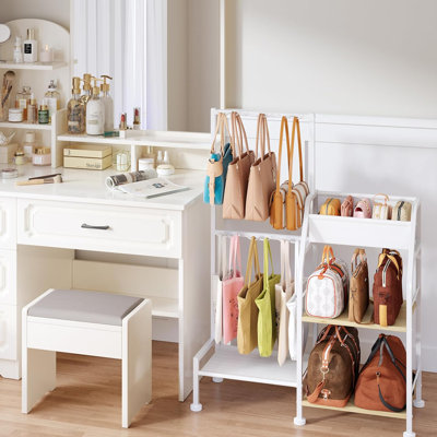 3-Tier Storage Stand & 12 Fixed Hooks, Visible Backpack Storage, Space,Saving Bag Organizer Rack For Home, Closet