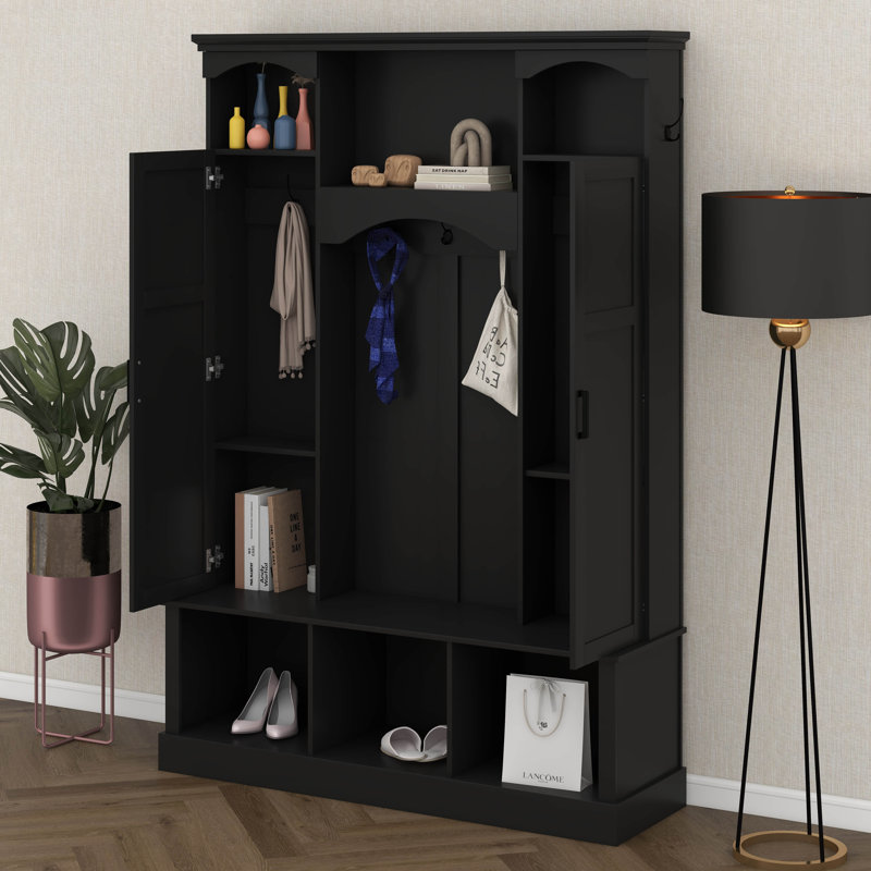 Hall Tree With Bench And Dual Side Cabinets, All-In-One Hall Tree With Adjustable Shelves, Entryway Organizer With 7 Hooks
