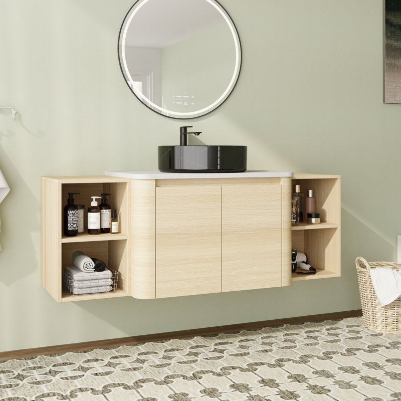 Meuble-lavabo simple mural 54 po avec plateau en pierre reconstituée et portes à fermeture en douceur 54 po