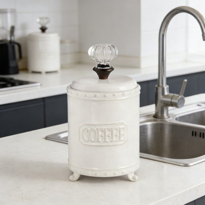 Ceramic Coffee Canister With Glass Door Knob Handle, Footed Design And Embossed Coffee Label For Kitchen Countertop Storage