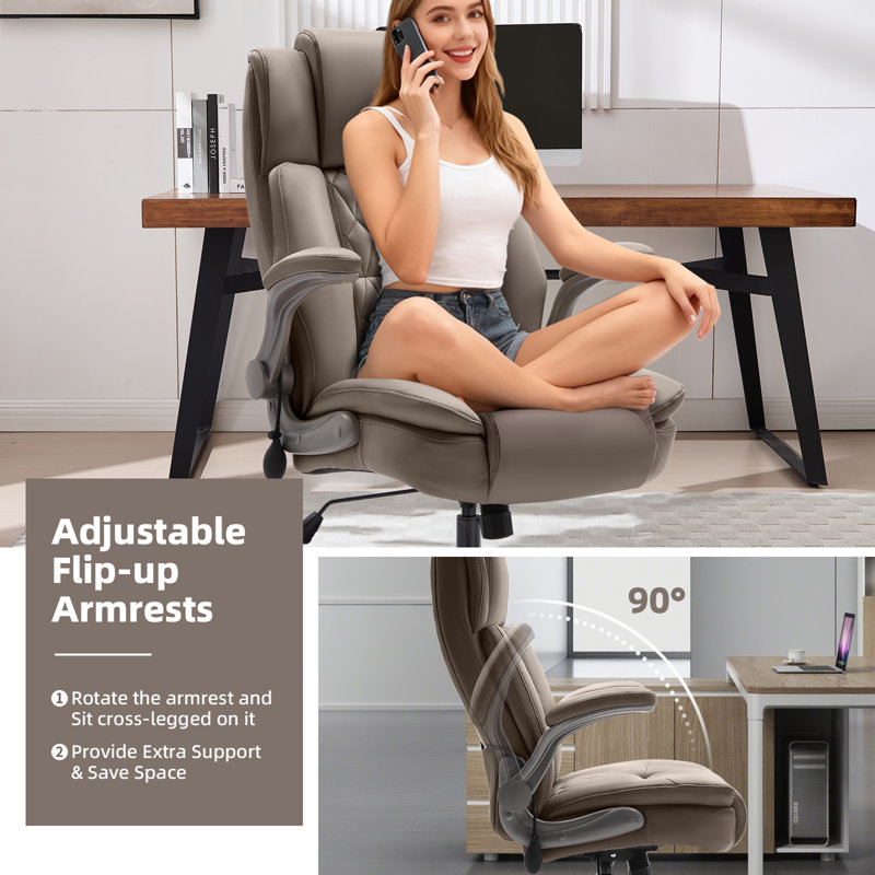 Modern PU Leather Ergonomic Office Chair With Adjustable Lumbar, Khaki