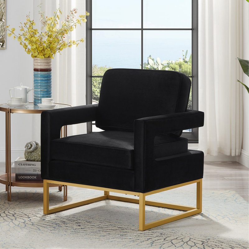 Chaise d'appoint de style moderne avec base en métal doré, fauteuil de loisir rembourré en velours avec accoudoirs ouverts, fauteuil, noir