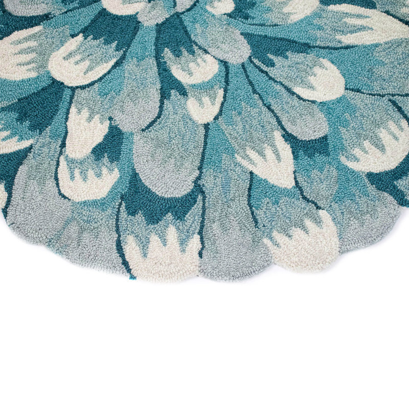 Aqua and White Floral Tufted Half Circle Rug
