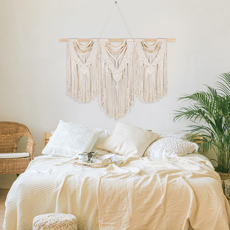 43 po x 32 po grand macramé mural avec tige Boho Decor tissé tapisserie murale bohème décor pompon rideaux en macramé pour la maison salon mariage appartement décoration (style classique)