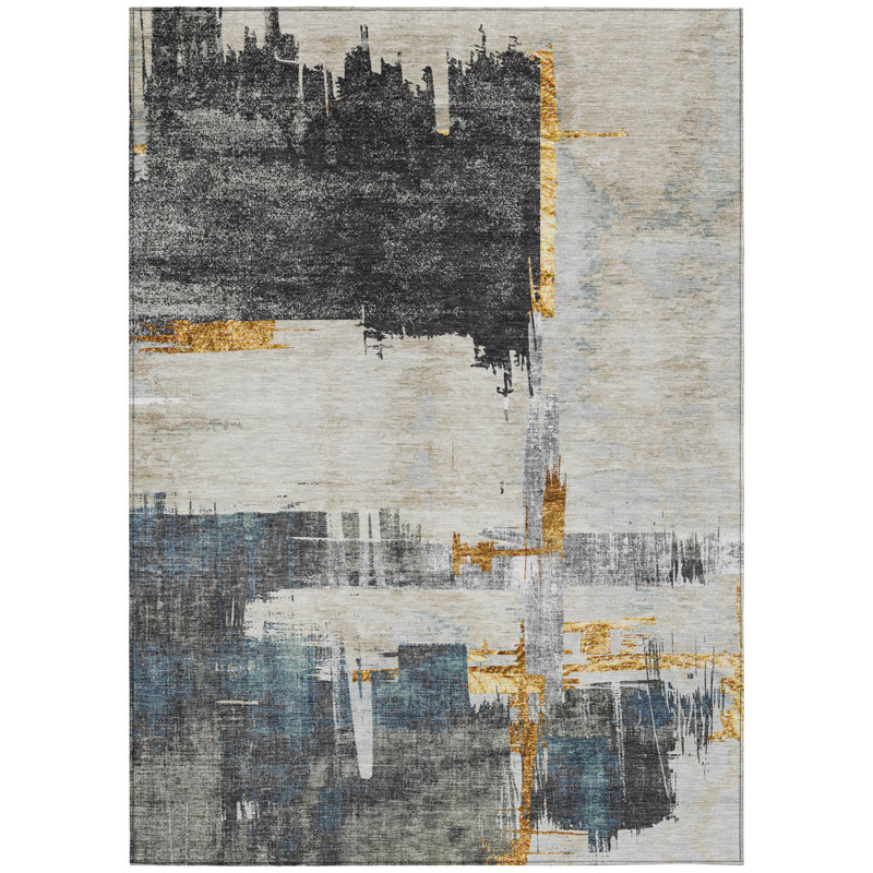 3' X 5' Charcoal Gray And Tan Abstract Washable Indoor Outdoor Area Rug