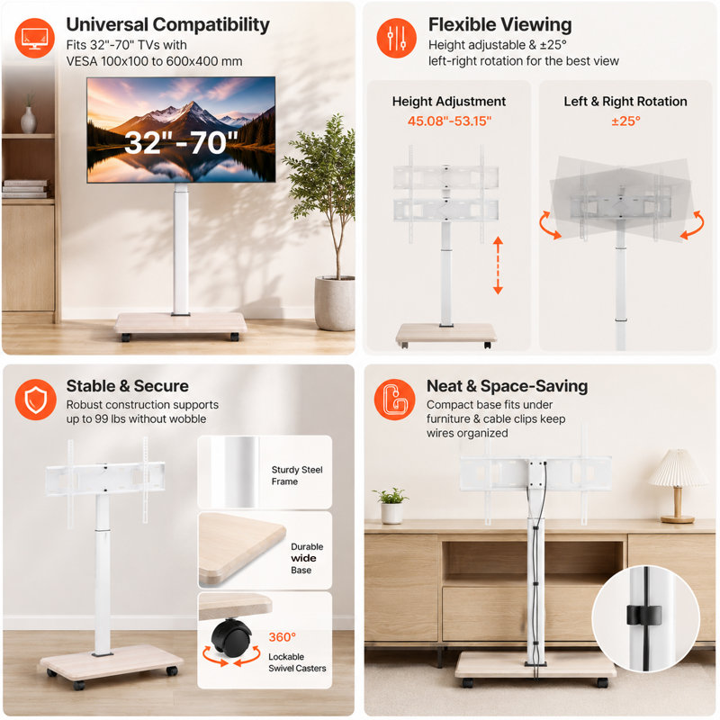 Meuble télé à roulettes, chariot de télévision mobile pour écrans de 32 à 70 pouces, rotation de 25 ° de gauche à droite et support de téléviseur réglable en hauteur sur roulettes