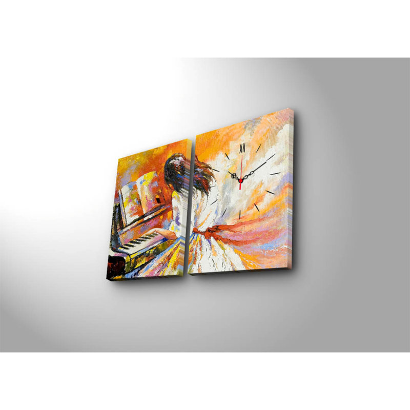 Horloge murale élégante en toile décorative (2 pièces), 25,2 po x 15,7 po | Toile 100% suède avec cadre 100% bois (épaisseur: 1,2 po) | Décoration élégante, parfaite pour les espaces de salon et de bureau, conception unique de garde-temps