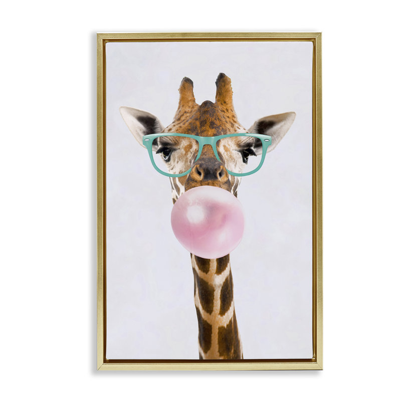Toile flottante encadrée Bubblegum Hipster Giraffe par Reinders, Cadre flottant métallique doré, H 25 po x l 17 po
