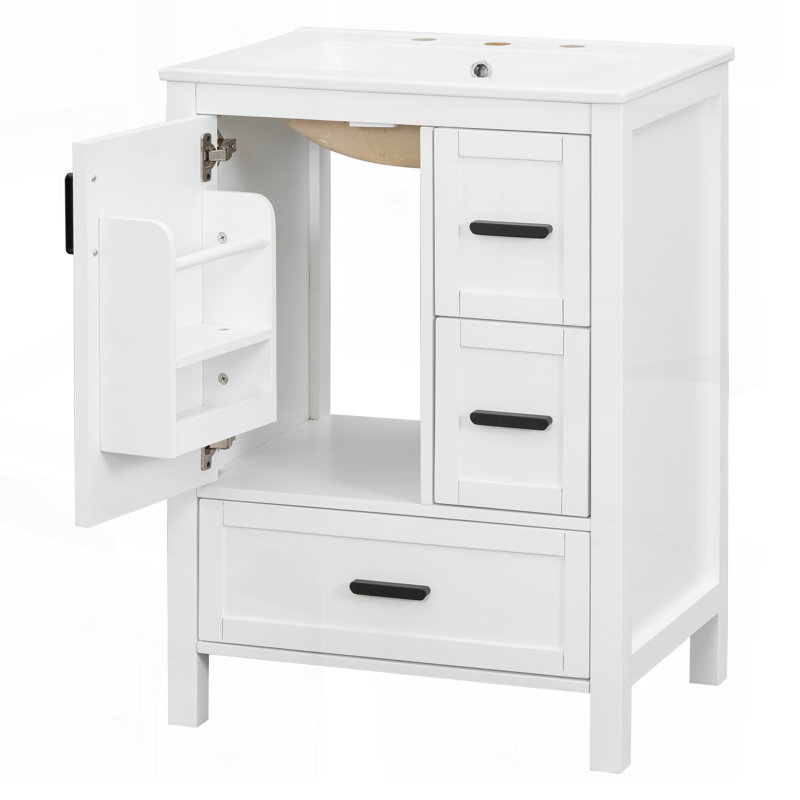 Meuble-lavabo moderne de 24 po avec lavabo en céramique, porte à fermeture en douceur, tablette de porte à double couche et 3 tiroirs