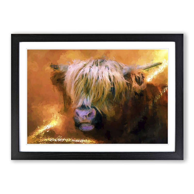 Portrait of a Highland Cow in Abstract - Picture Frame Painting Print, 50cm H x 76cm W x 2cm D, Black
