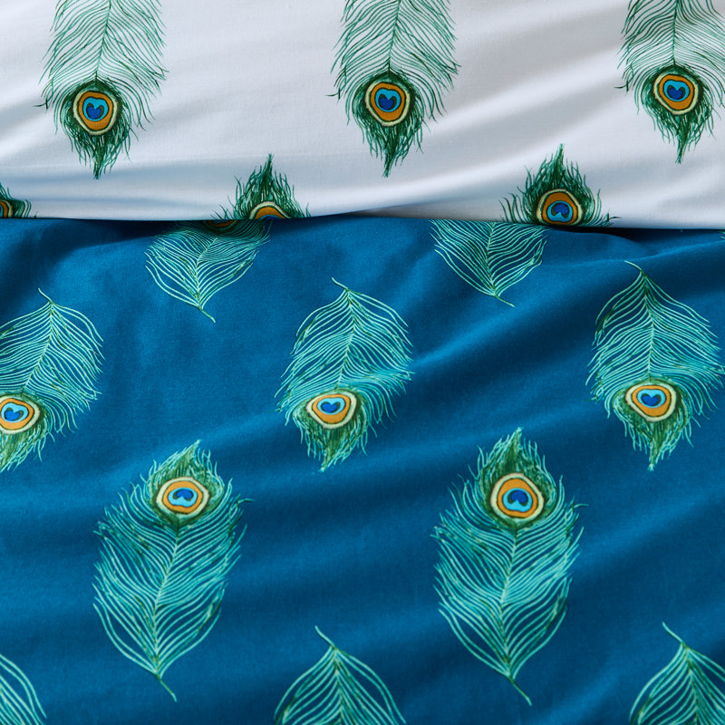 Peacock Feather Cotton Animal Print Duvet Cover Set with Pillowcases Included, King Duvet Cover + 2 Standard Pillowcases