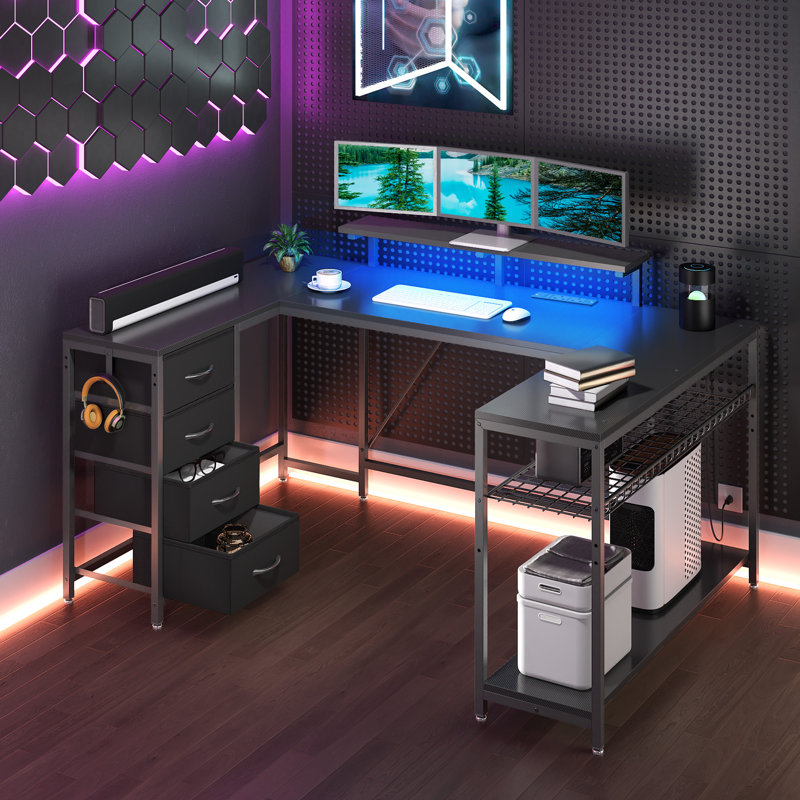 L-Shaped Metal Base Computer Desk with Power Outlet, Black