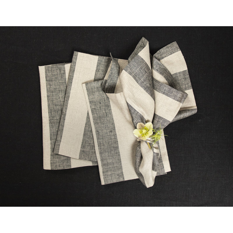 Cabana Stripe - 100% Pure Linen Dinner Napkins, Black/Natural