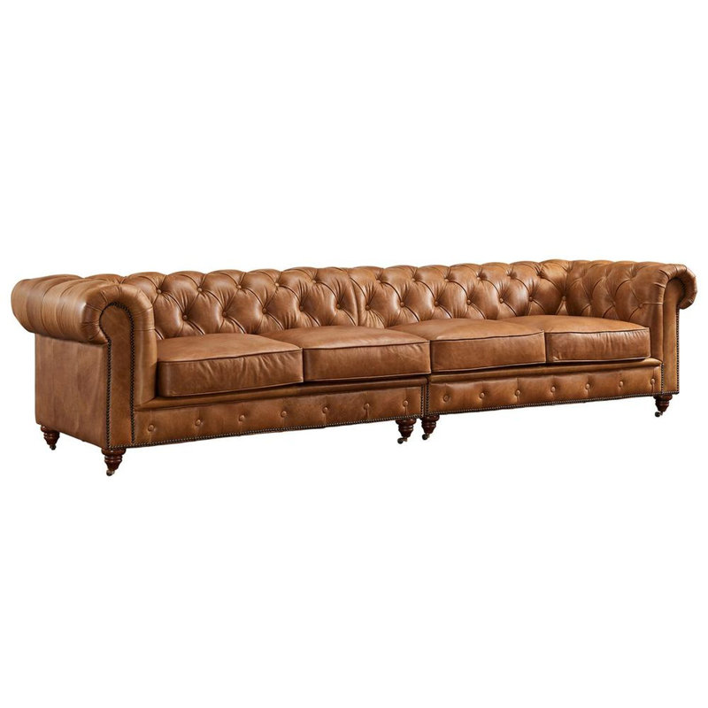 Upholstered 118'' Sofa, Light Chestnut Genuine Leather