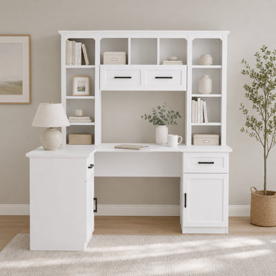 Bureau blanc en forme de L avec grand rangement, tablette rabattable, pour étudier et travailler