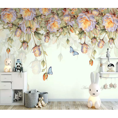 Papier peint texturé amovible à motif floral orange et rose rétro