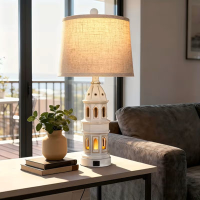 2Pcs Modern Coastal Lighthouse Table Set With USB- Nautical (USB-A+C Ports), Uplight & Knob Control - Bedside Nightstand For Bedroom, Living Room - Plug-In, Included, Voltage 110V