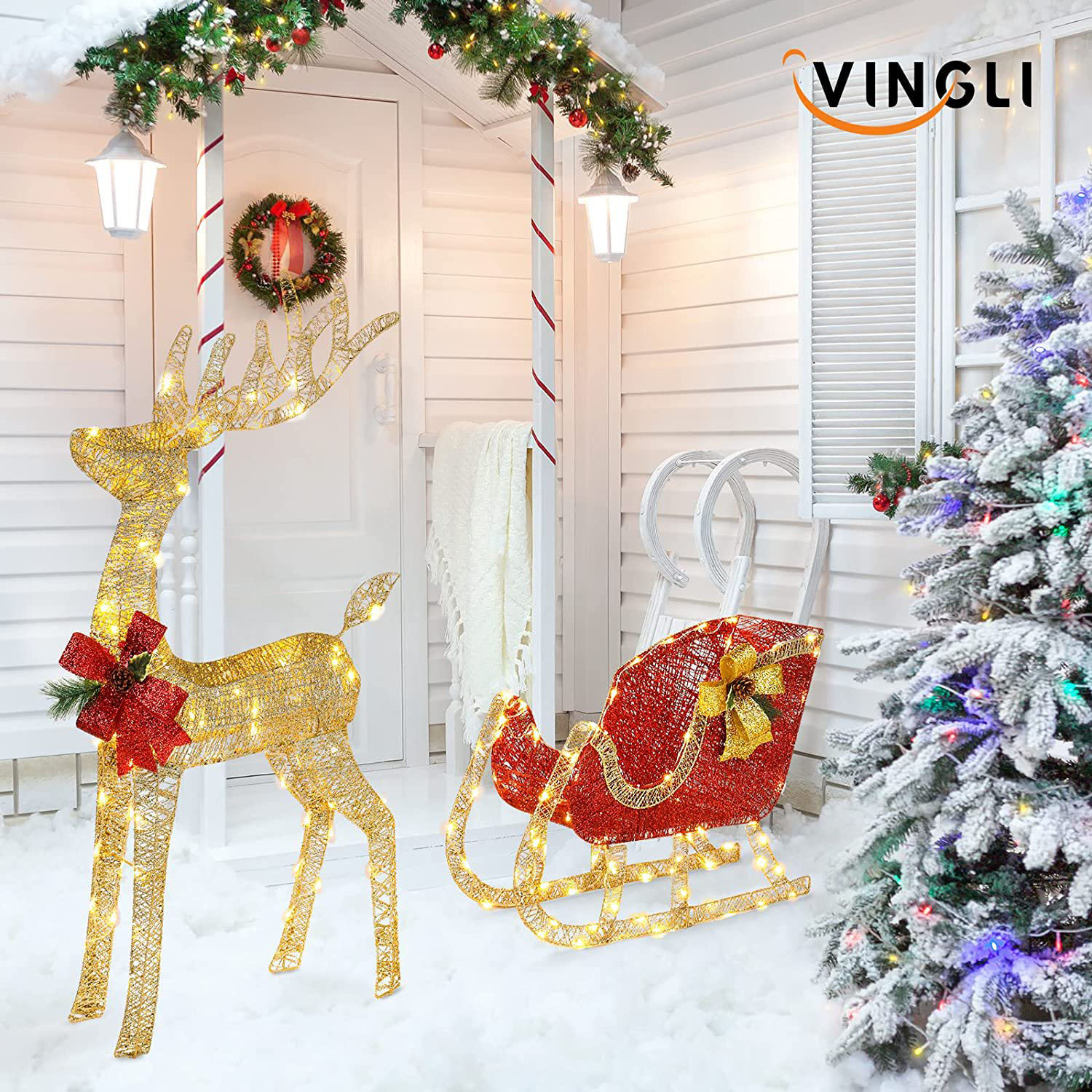 JUMMICO Grand décor de Noël extérieur renne et traîneau lumineux
