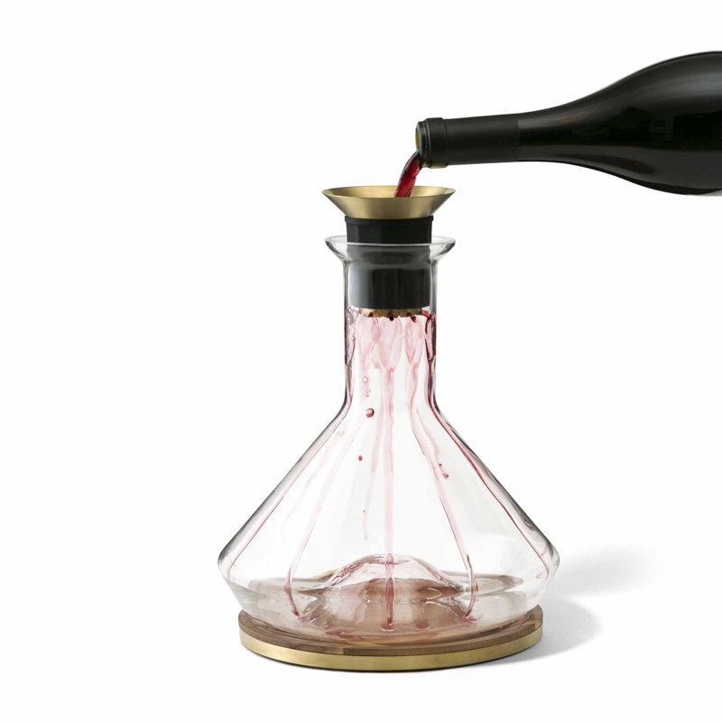 Clear Glass Wine Decanter with Gold Accents and Wood Coaster