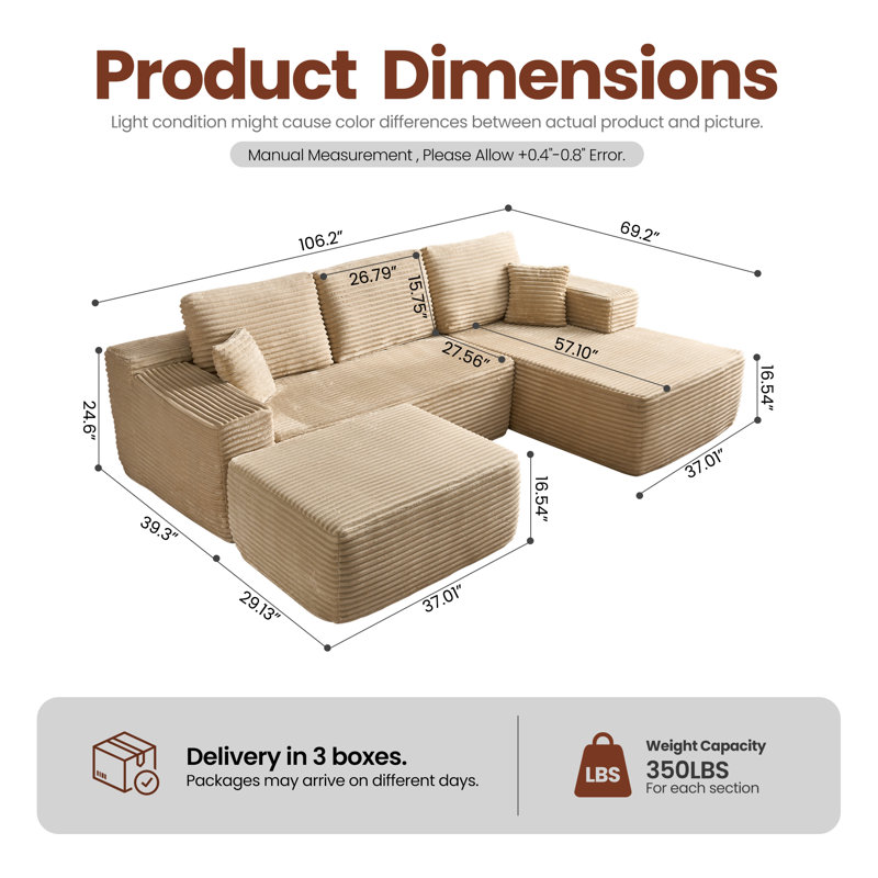 Canapé modulaire en forme de L avec repose-pieds 106 po 106 po, Peluche beige, Orienté à droite