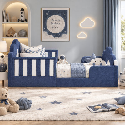 Lit pour enfant Nimbus Twin en bois massif, modèle Cloud, avec revêtement en bouclette et barrières de sécurité pleine hauteur