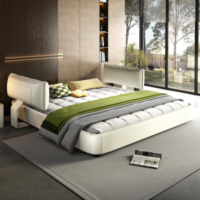 King Size Cloud Bed Frame With Oversized Padded Movable Headboard, Chenille Upholstered Bed With Round Corner,Metal + Solid Wooden Slat Double Support,No Box Spring Needed, Beige/White