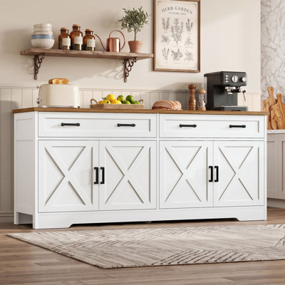 Buffet avec 4 portes et 2 tiroirs, buffet avec tablettes réglables, armoire de rangement pour cuisine, salle à manger, salon, blanc