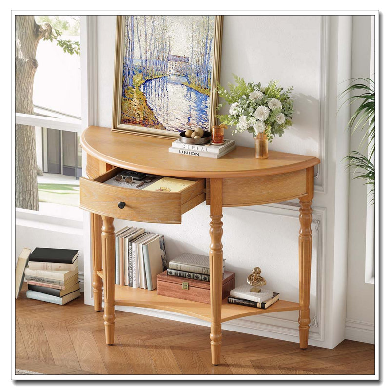Half Moon Console Table with Drawer & Shelf, Natural