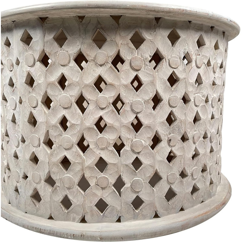 Mango Wood Round Coffee Table With Intricate Diamond Cutout Base, Distressed Farmhouse Style