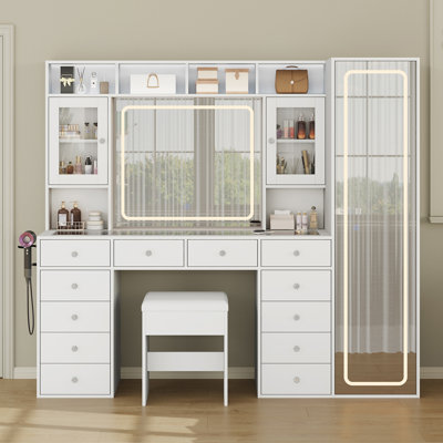 Coiffeuse avec miroir pleine longueur et miroir DEL, rangement dissimulé, prise électrique, étagères