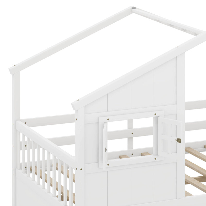 Structure de lit en bois pleine grandeur avec toit, fenêtres et 4 tiroirs de rangement, Blanc