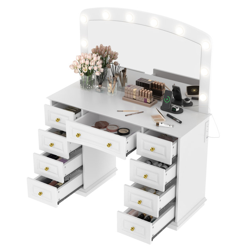 Coiffeuse luxueuse avec lumières Hollywood, 3 modes de couleurs, tabouret rembourré et 9 tiroirs