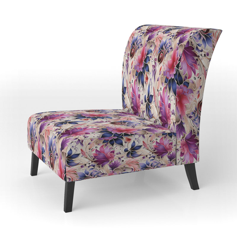 Fauteuil de chambre rembourré rose et mauve à motif cachemire roses et mauves