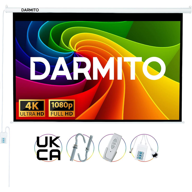 Darmito 16:9 Electric Motorised Projector Screen, Full HD 3D 4K 8K Matt White +1.2 Gain, with Remote Control, For Meeting School Home Cinema Theater Movie TV DVD Indoor