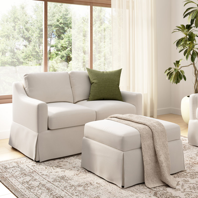 57W Loveseat And Storage Ottoman With Slipcovers, Ivory