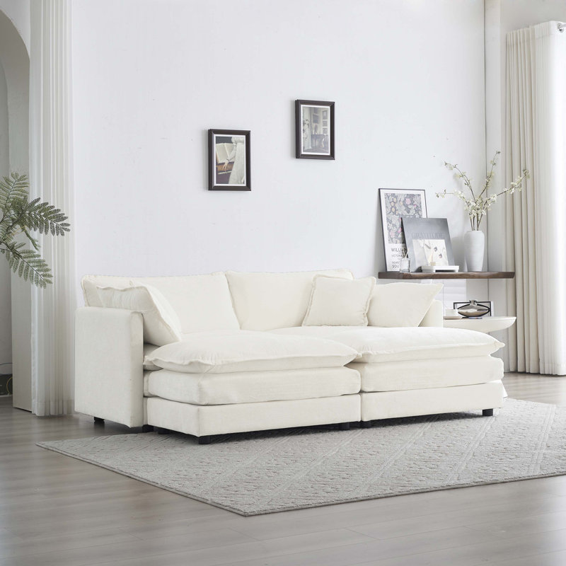 Jeffers Chenille Fabric Upholstered 4-Piece Sectional Sofa, White Chenille, 33" H x 111.42" W x 57.4" D